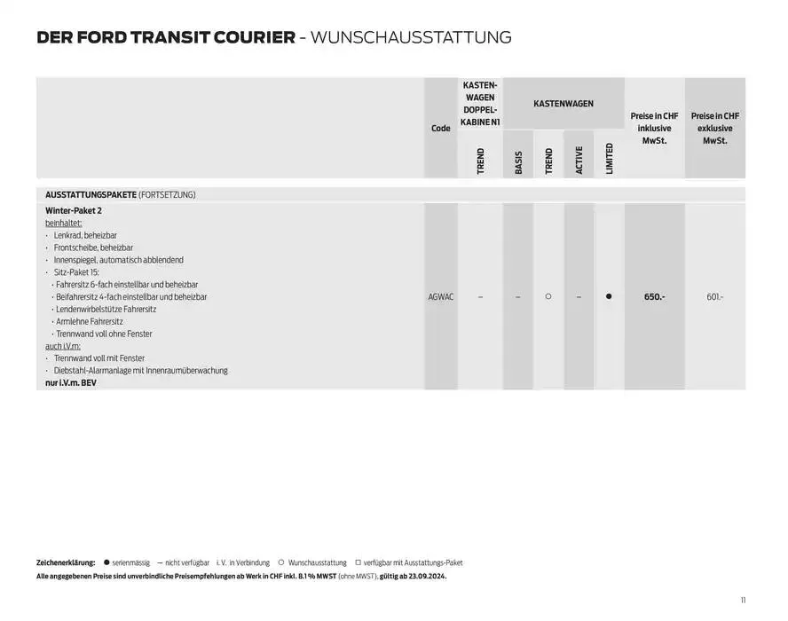 FORD TRANSIT COURIER Technische Daten Preisliste von 12. November bis 12. November 2025 - Prospekt seite 11