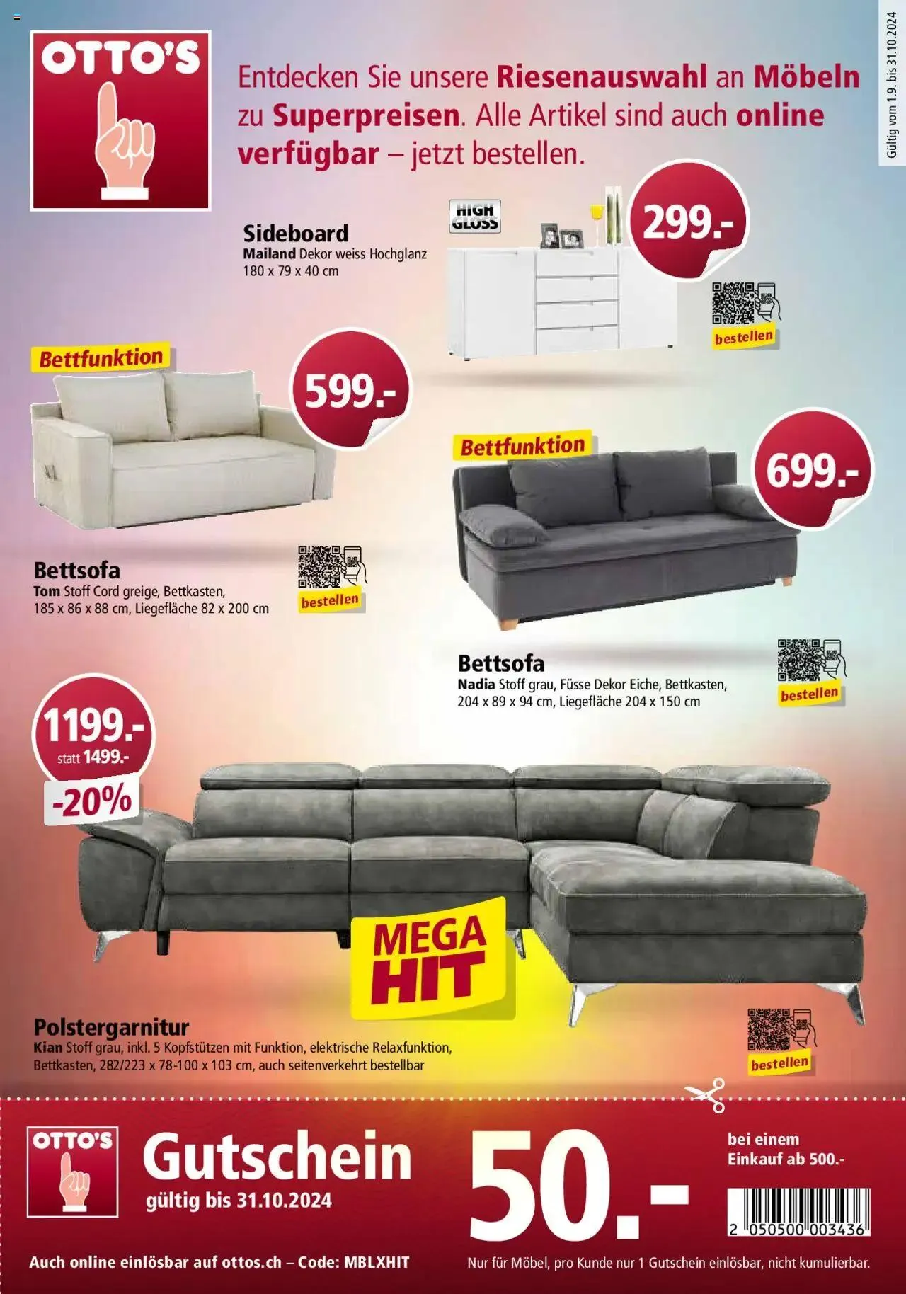 Otto's Moebelflyer von 1. September bis 31. Oktober 2024 - Prospekt seite  1