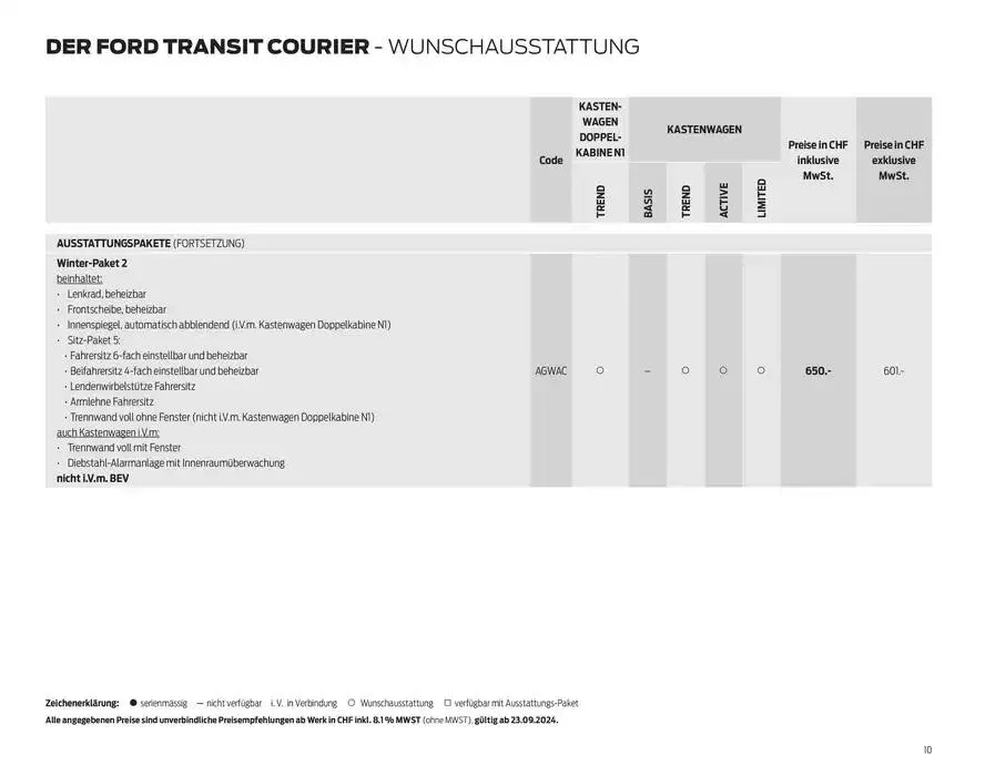 FORD TRANSIT COURIER Technische Daten Preisliste von 12. November bis 12. November 2025 - Prospekt seite 10