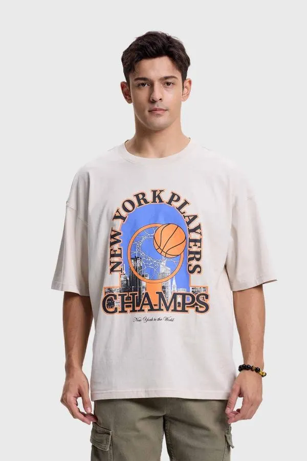Polera hombre print basketball beige
