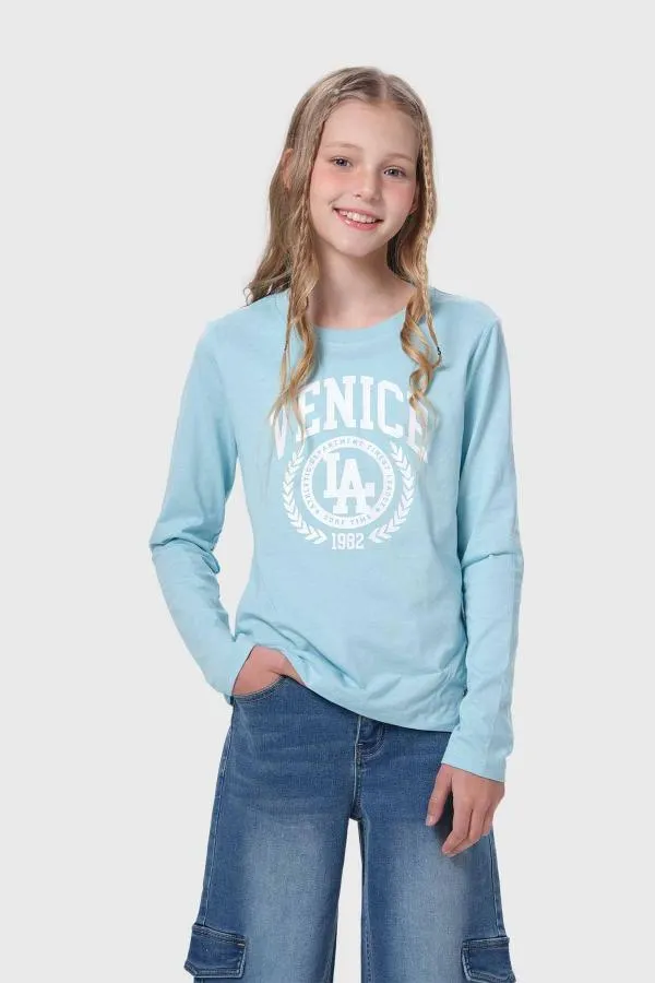 Polera niÑa print posicional celeste