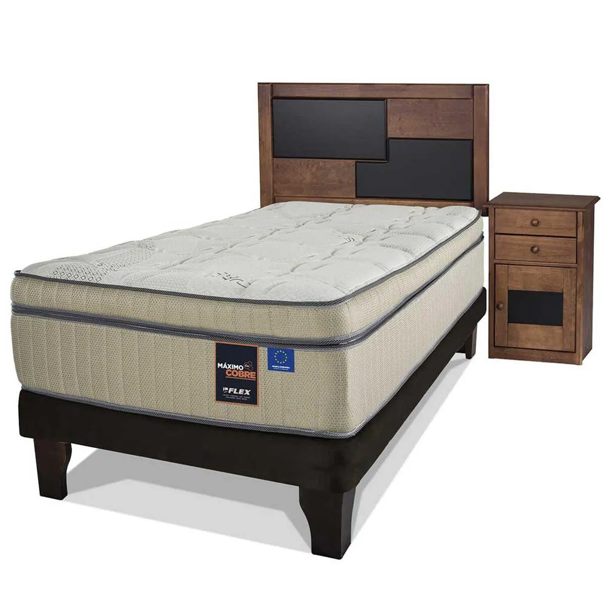 Cama Europea Flex 1,5 Plazas Máximo Cobre + Respaldo + Velador Colonia