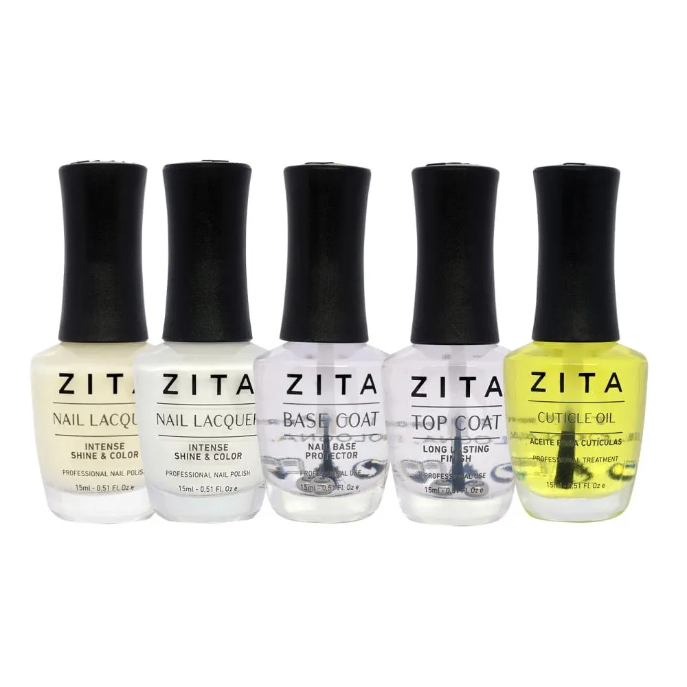 Combo Zita French Manicure (Esmalte N1, N3, Base Coat, Top Coat, Tratamiento Aceite Cutículas)