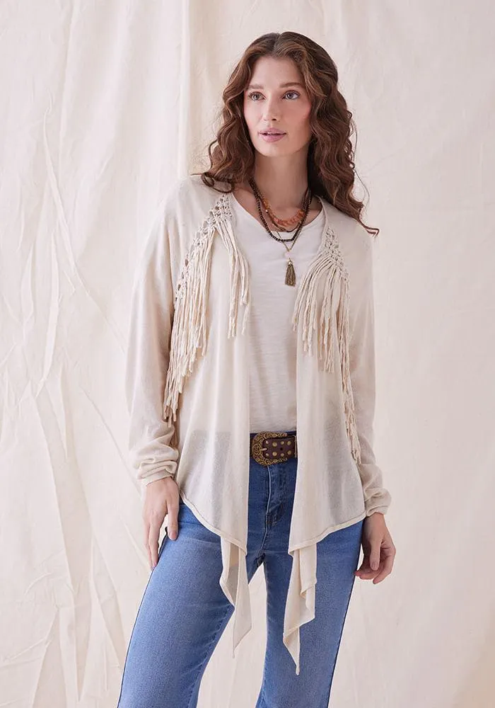 Chaleco Tejido Macrame Y Flecos En Delantero XS Beige Medio 1