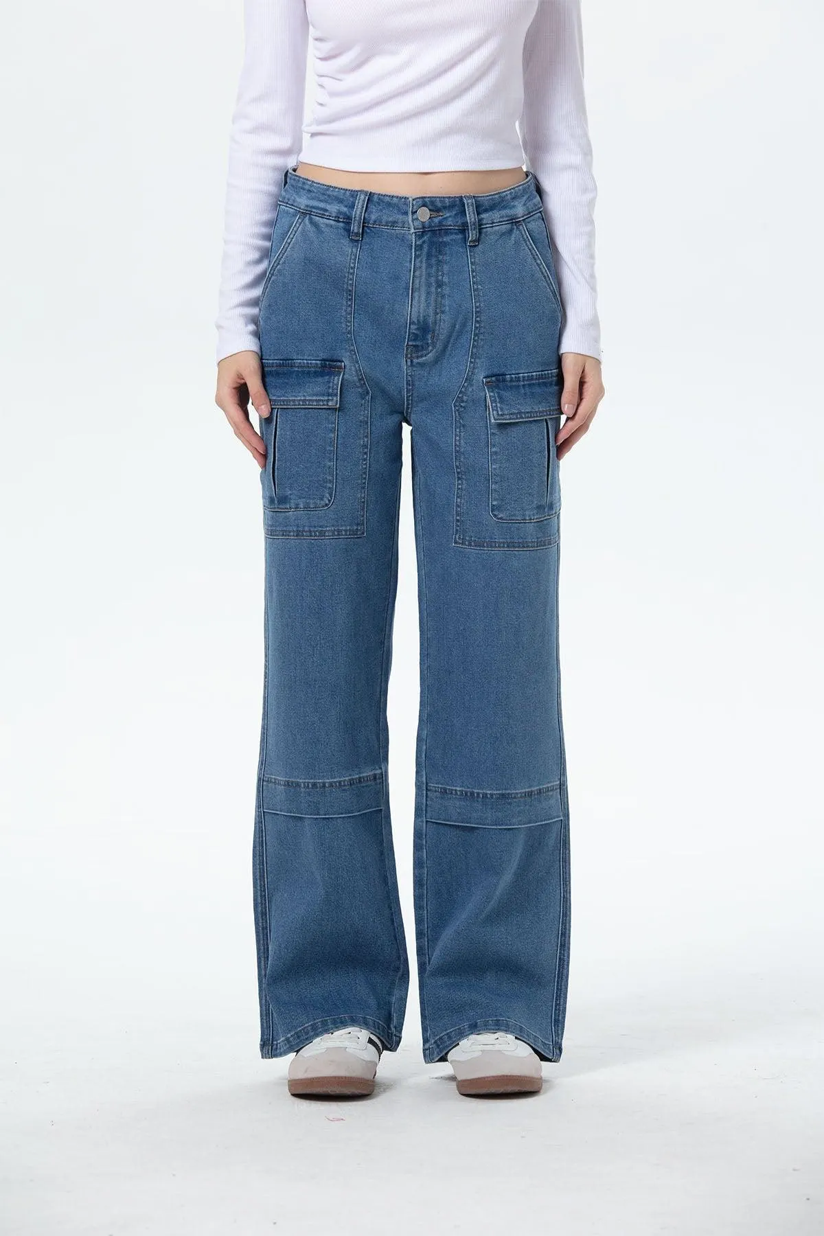 Jeans Mujer Cargo Calce Recto Azul