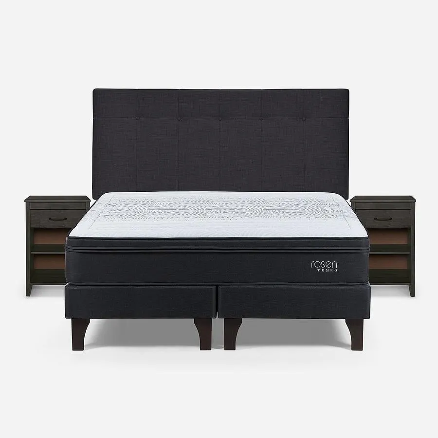 Box Spring Tempo 2 Plazas + Respaldo New Bennet y Velador Maurice