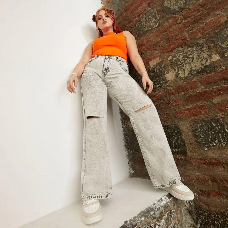 Jeans Mujer 90` Gris Acid Wash