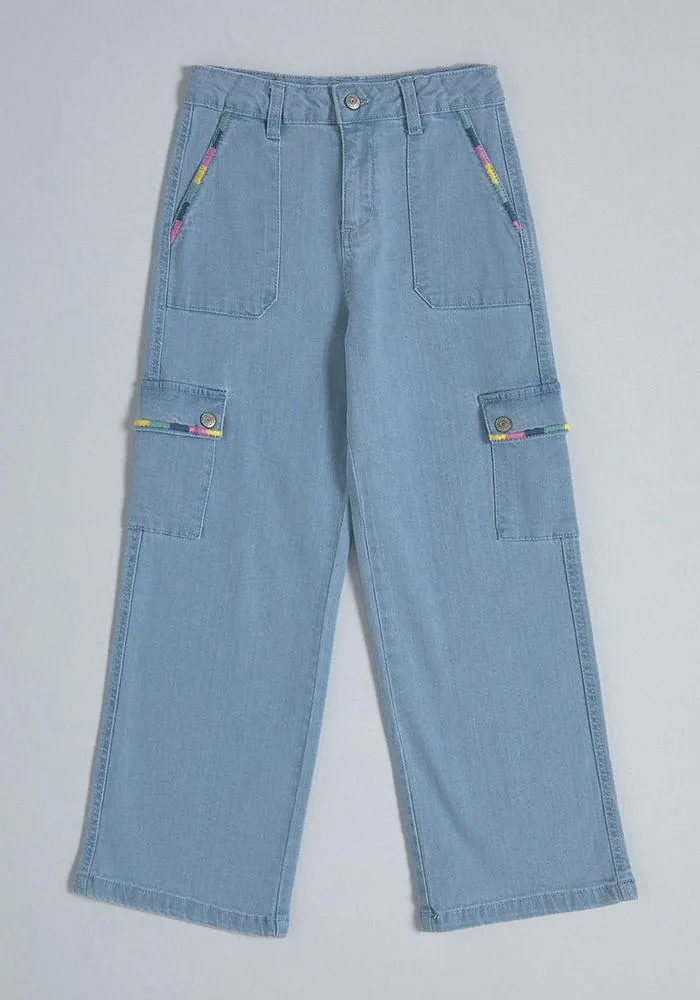 Jeans Cargo Con Bordados Azul Claro 9 4A