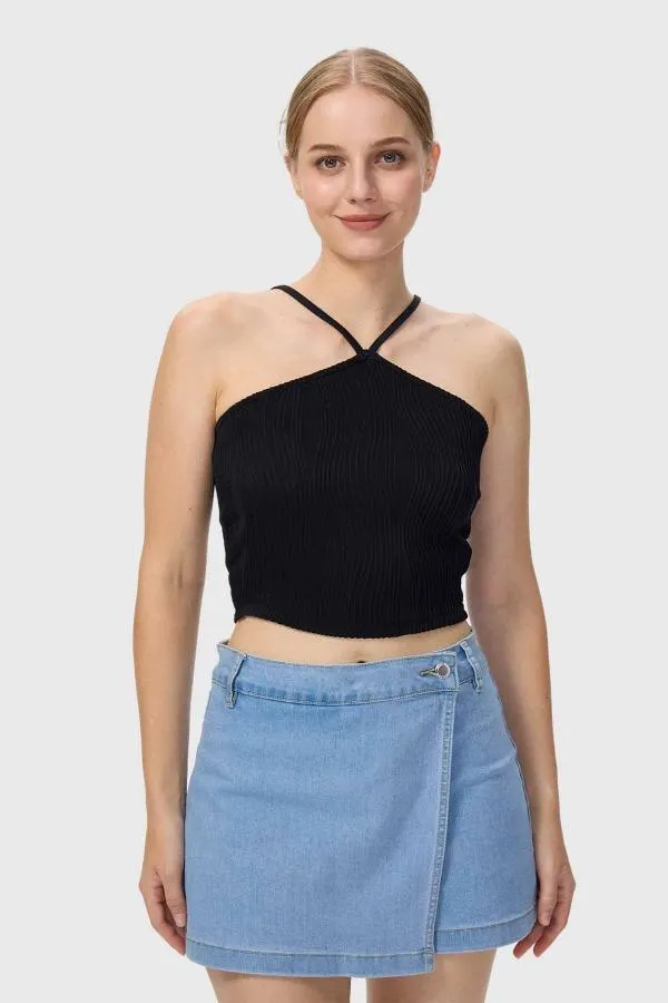 Polera mujer halter textura negro