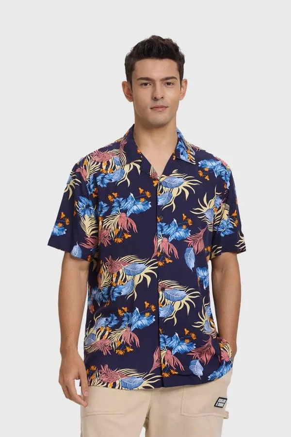 Camisa hombre full print tropical azul