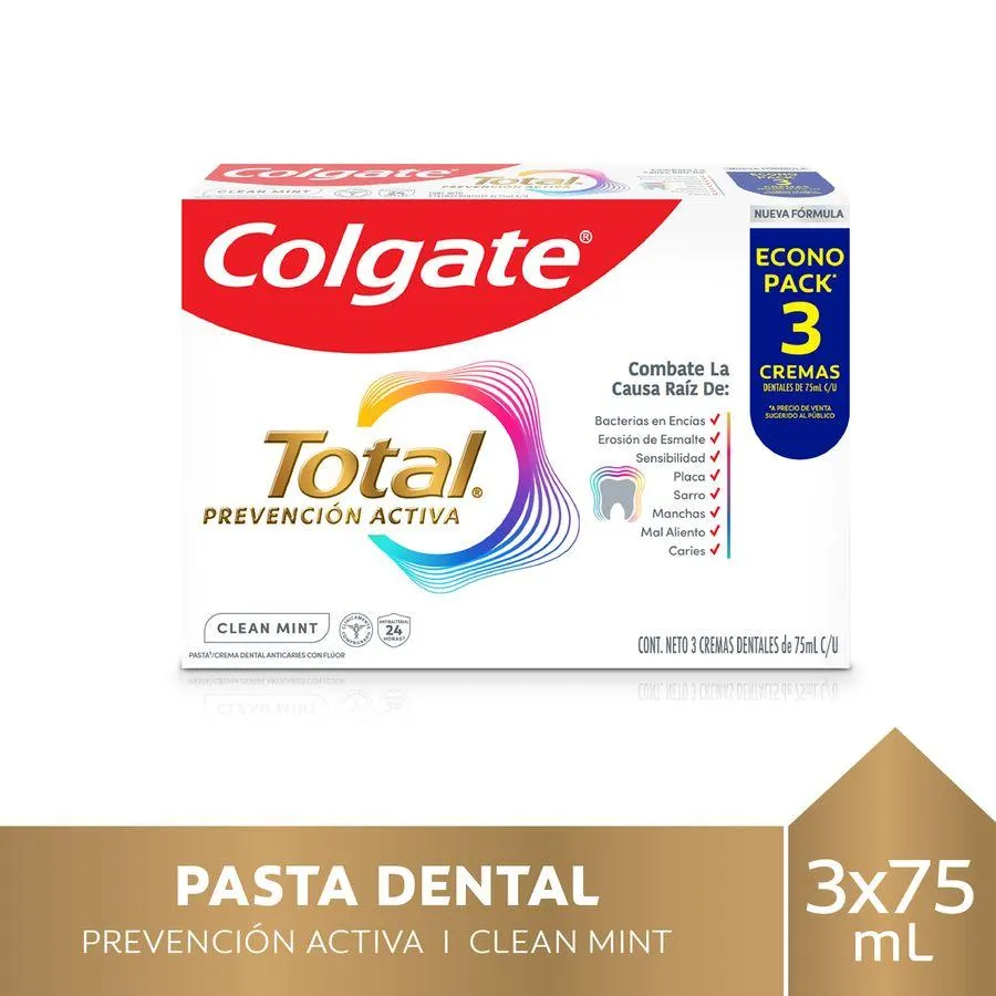 Pasta Dental Colgate Total Clean Mint 24 Horas de Prevención Activa 3x75 ml