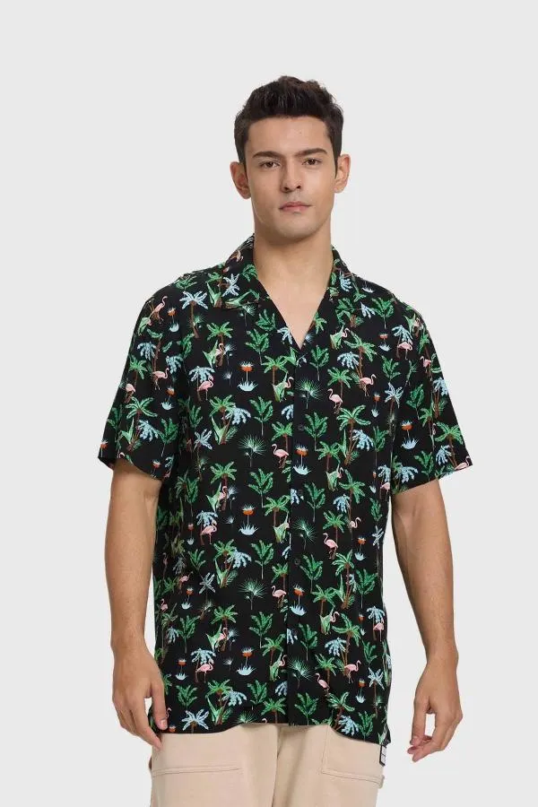 Camisa hombre full print tropical negro