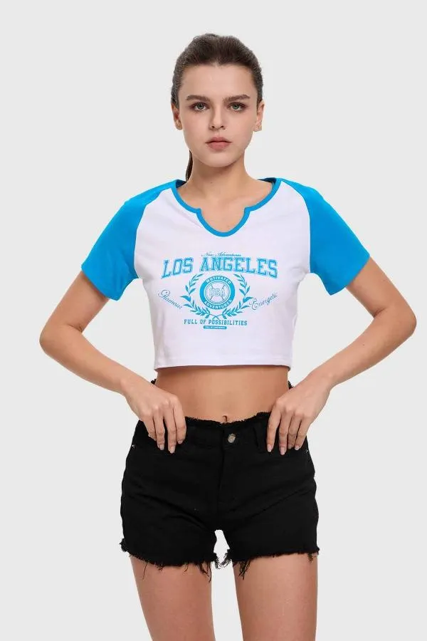 Polera mujer crop estampado azul claro