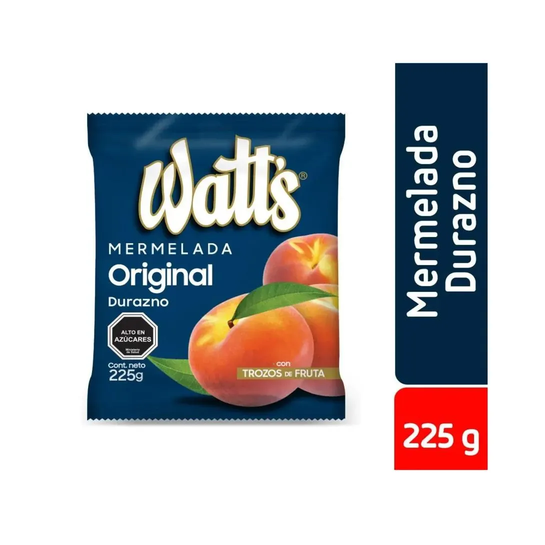 Mermelada Watts de Durazno con Trozos de Fruta, 225gr.