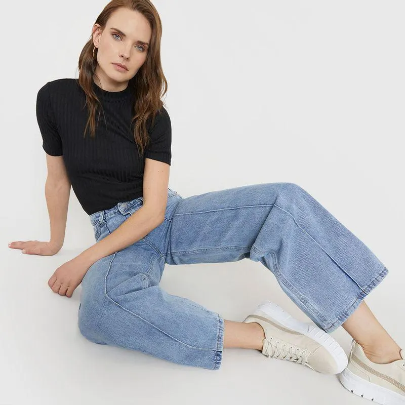 Jeans Mujer Wide Leg Costura Azul