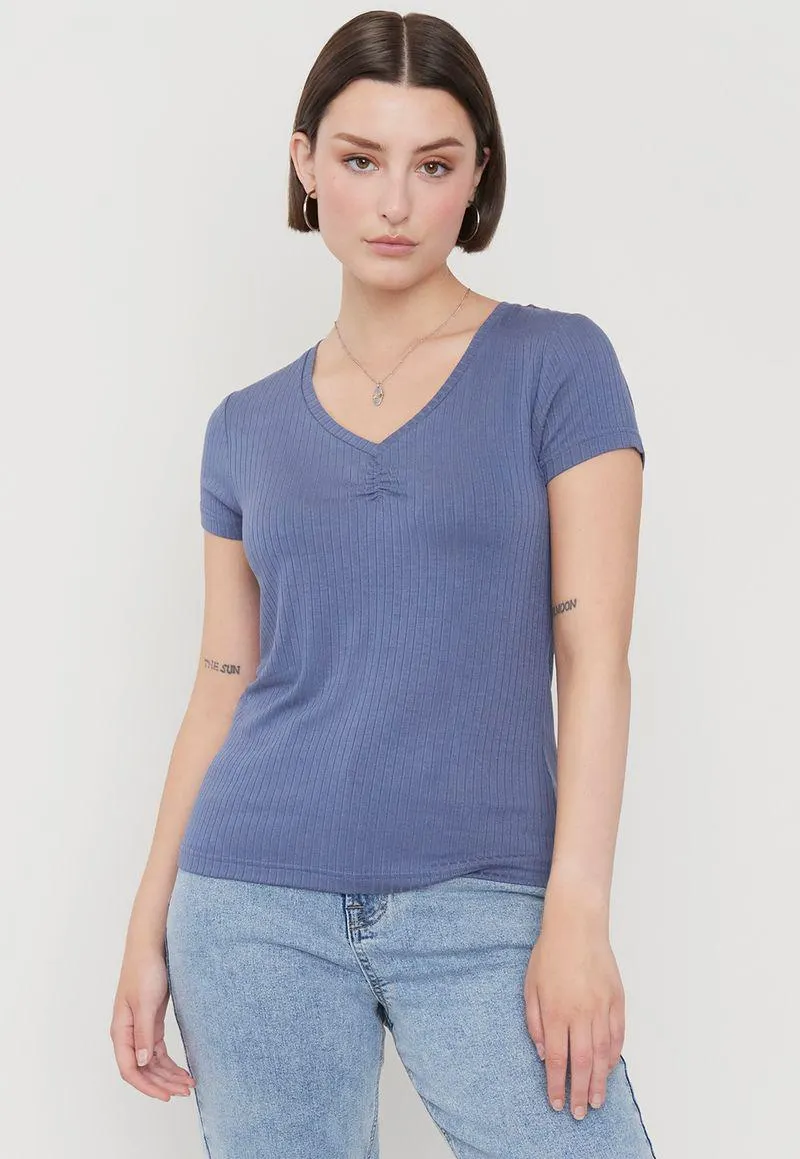 Polera Mujer Rib Fruncida Celeste