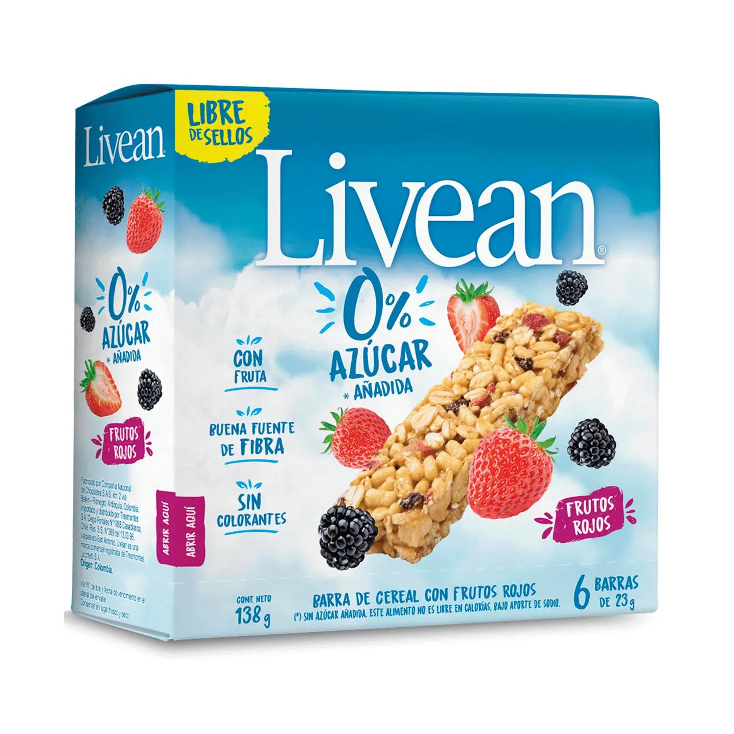 Barras de Cereal con Frutos Rojos 0% Azúcar Livean, 23gr x 6 Unid.