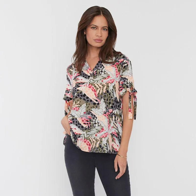 Blusa Mujer Manga Corta Lazo Poliéster Reciclado Verde Oliva