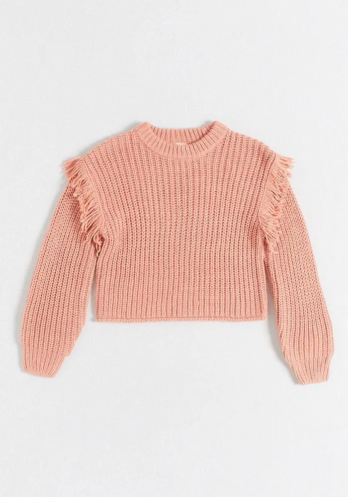 Sweater Cuello Redondo Con Flecos En Las Mangas 6 Naranja Medio 9