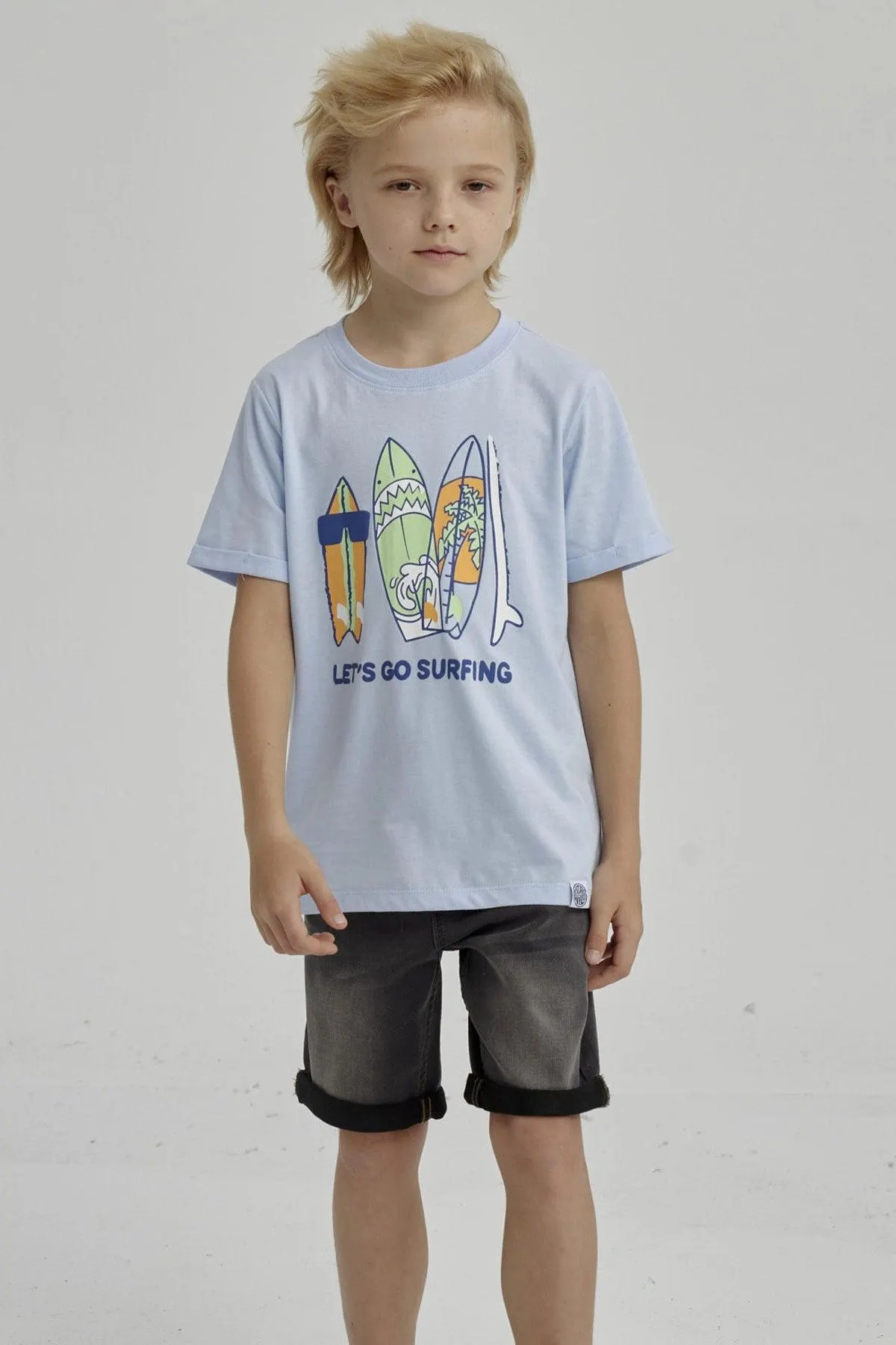 Polera Niño Puff Print Delantero Celeste