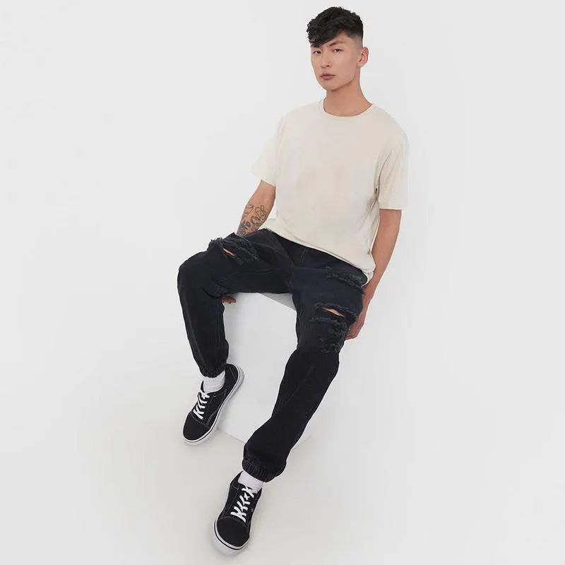 Jeans Hombre Jogger Fit Roturas Color Negro