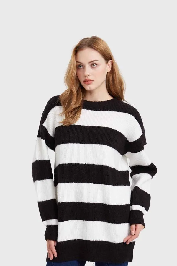 Sweater mujer rayas largo negro
