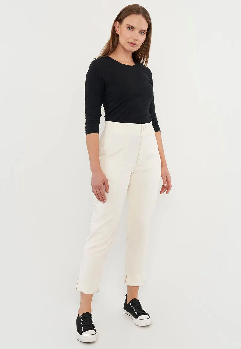 Pantalón Mujer Poliéster Reciclado Botón Crudo