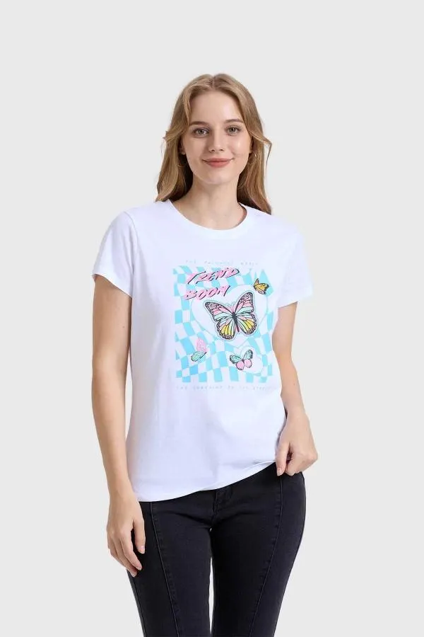 Polera mujer bÁsica print blanco / turquesa