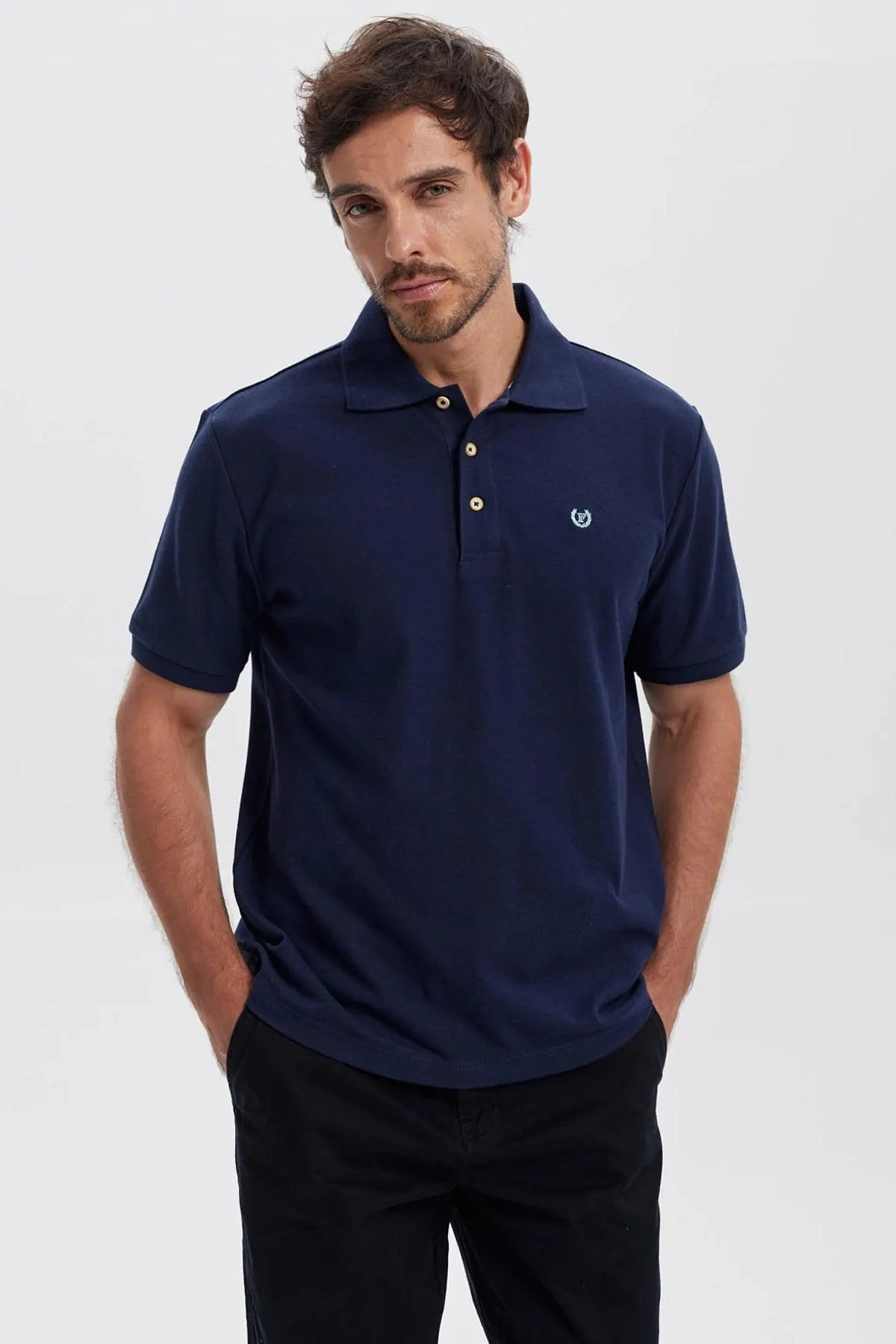 Polera Hombre Pique Básica Lisa Azul Marino