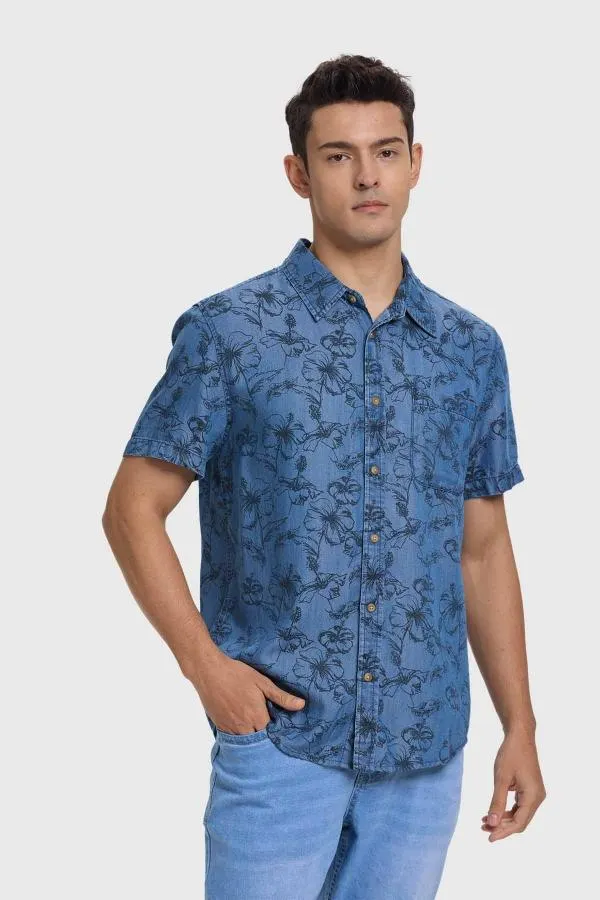 Camisa hombre denim slim floreada azul