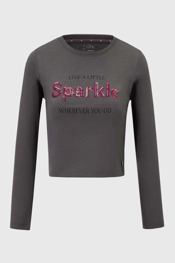 Polera niÑa letras lentejuelas marengo