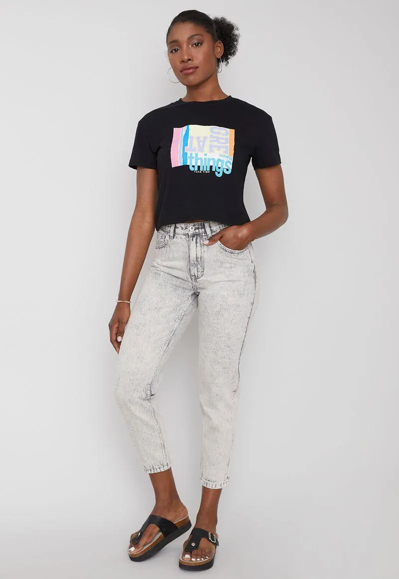 Jeans Mujer Mom Gris Acid Wash