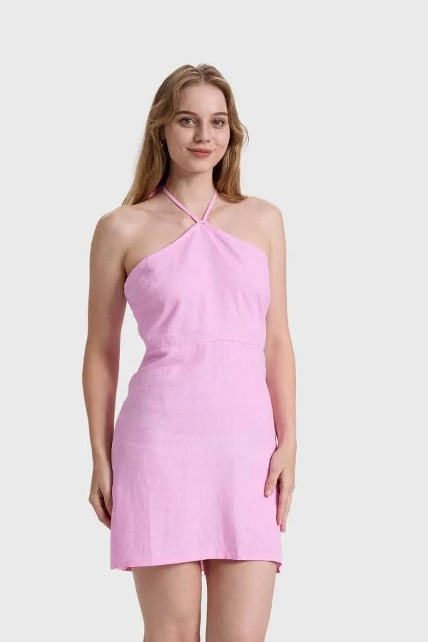 Vestido mujer halter lino rosado