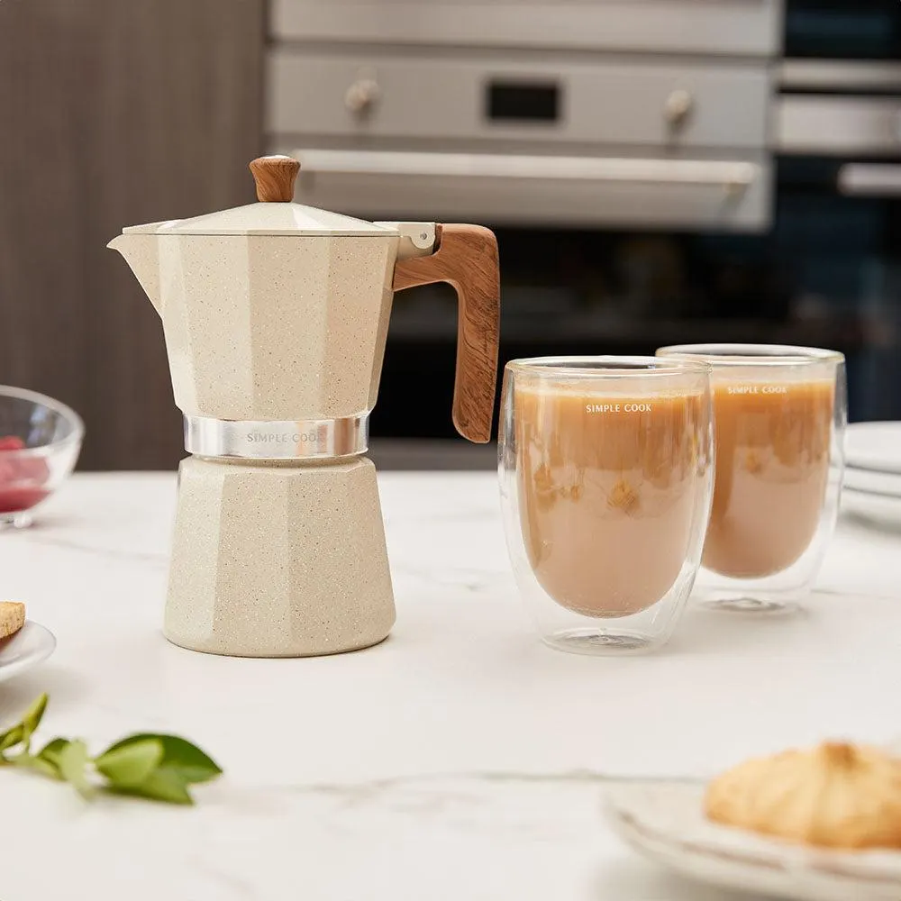 Kit Cafetera Italiana Siena 6 Tazas Simple Cook + Set 2 Tazas Latte Simple Cook