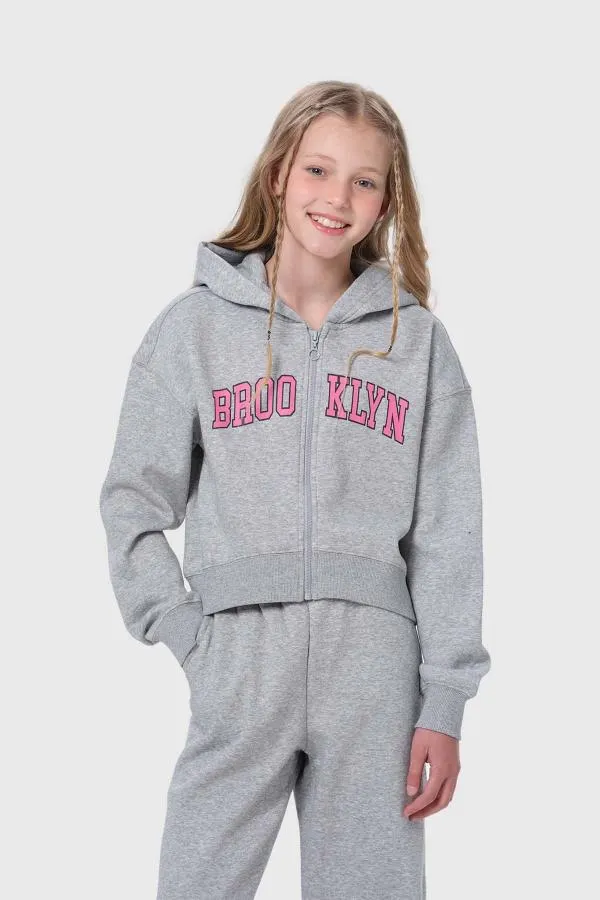 PolerÓn niÑa print full zipper gris melange