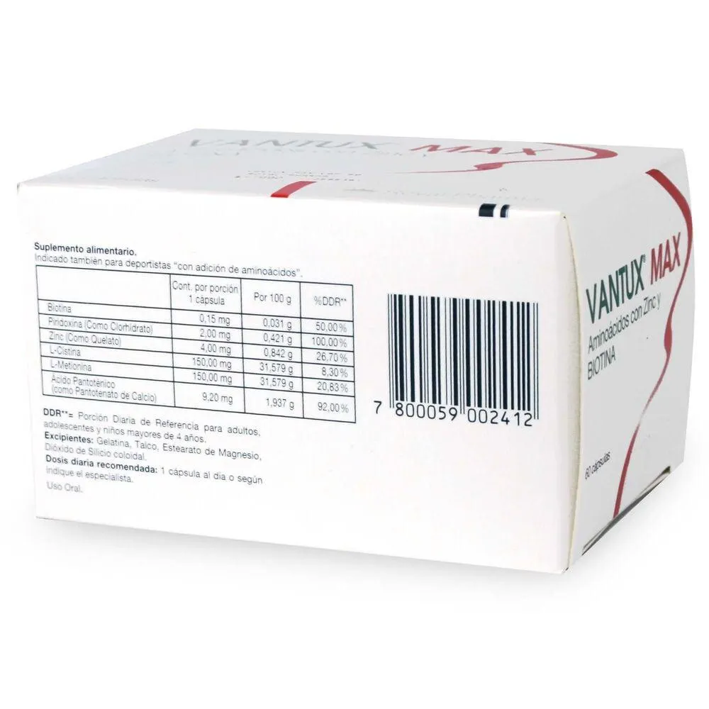 Vantux Max Aminoácidos con Zinc y Biotina 0,15 mg 60 Cápsulas