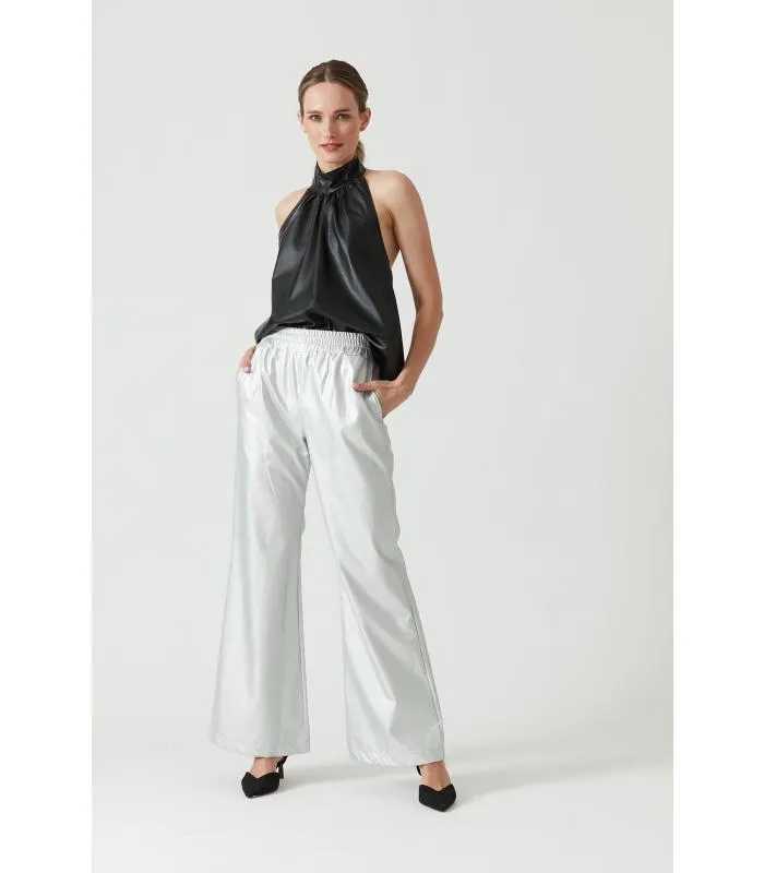 Pantalon de ecocuero wide leg plata