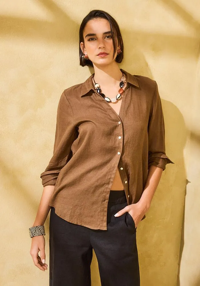 Blusa Lino Escote en V Abotonadura Delantera