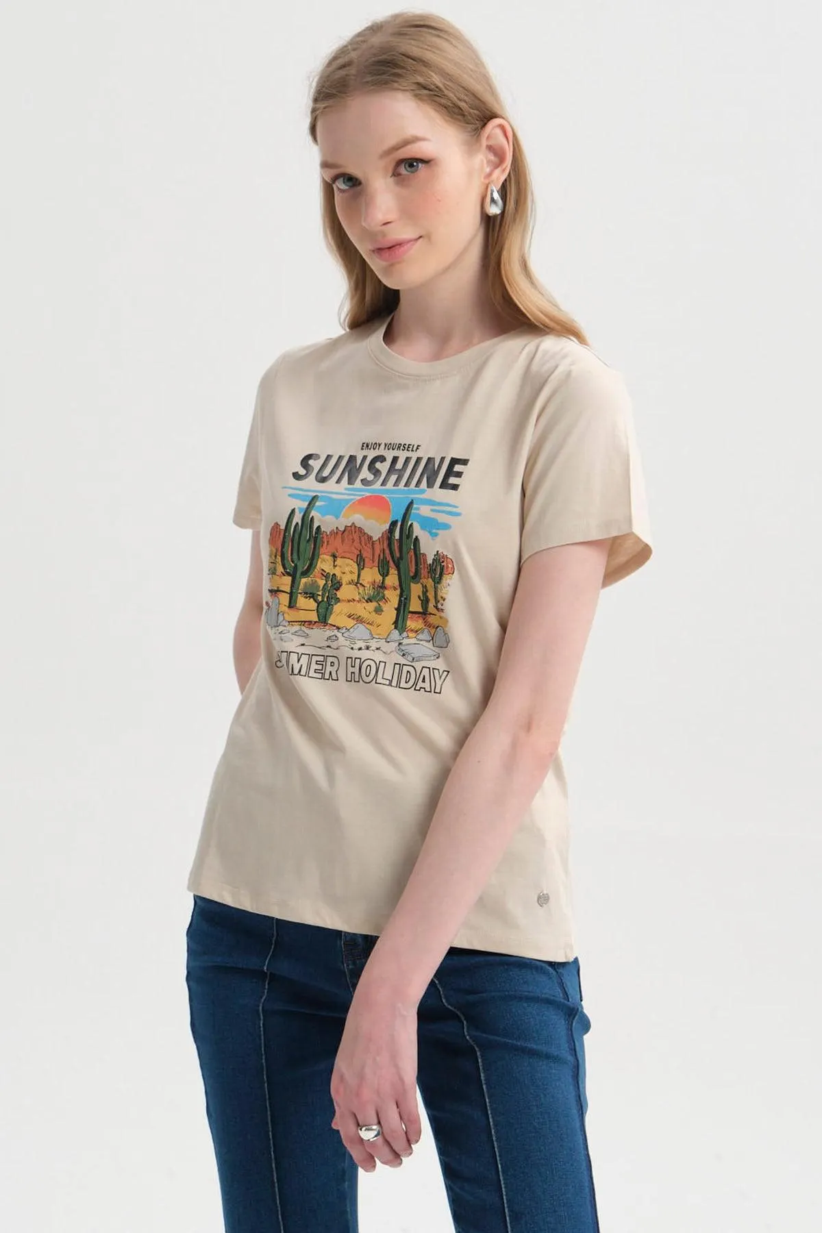 Polera Mujer Básica Print Beige Claro