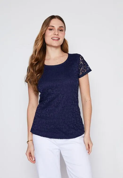 Polera Mujer Azul Encaje Family Shop