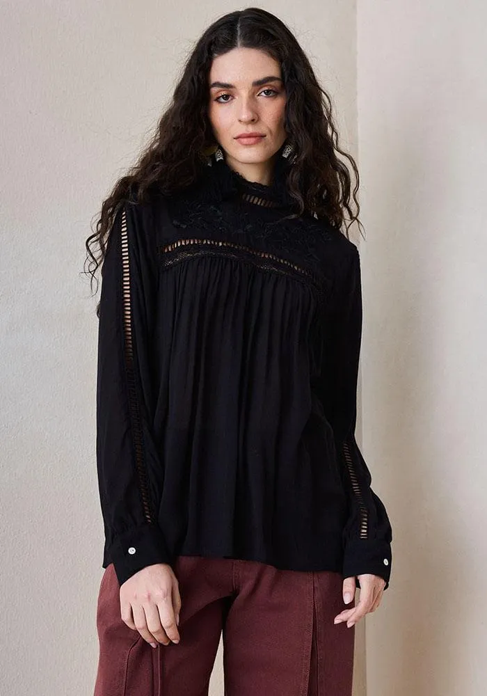 Blusa Encaje Y Bordado Negro M