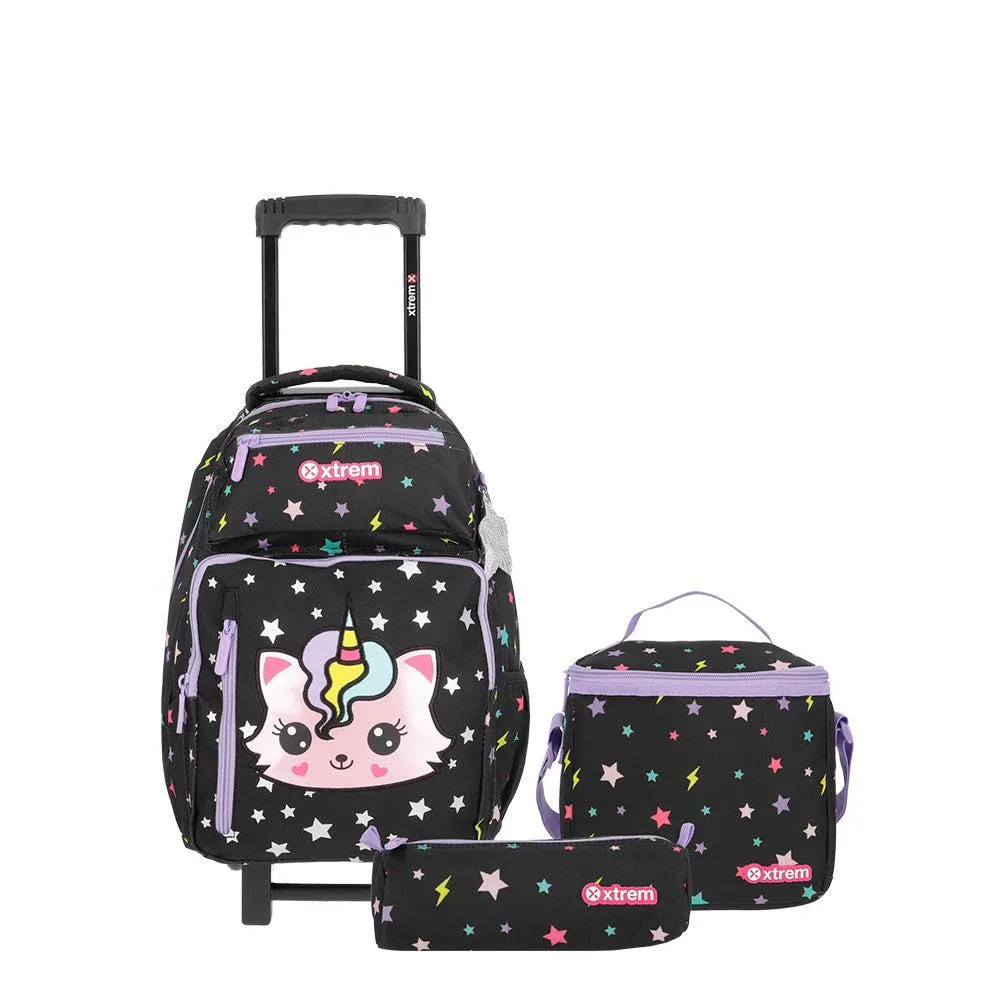 Set mochila con ruedas + lonchera + estuche New Run Pack Cat negro