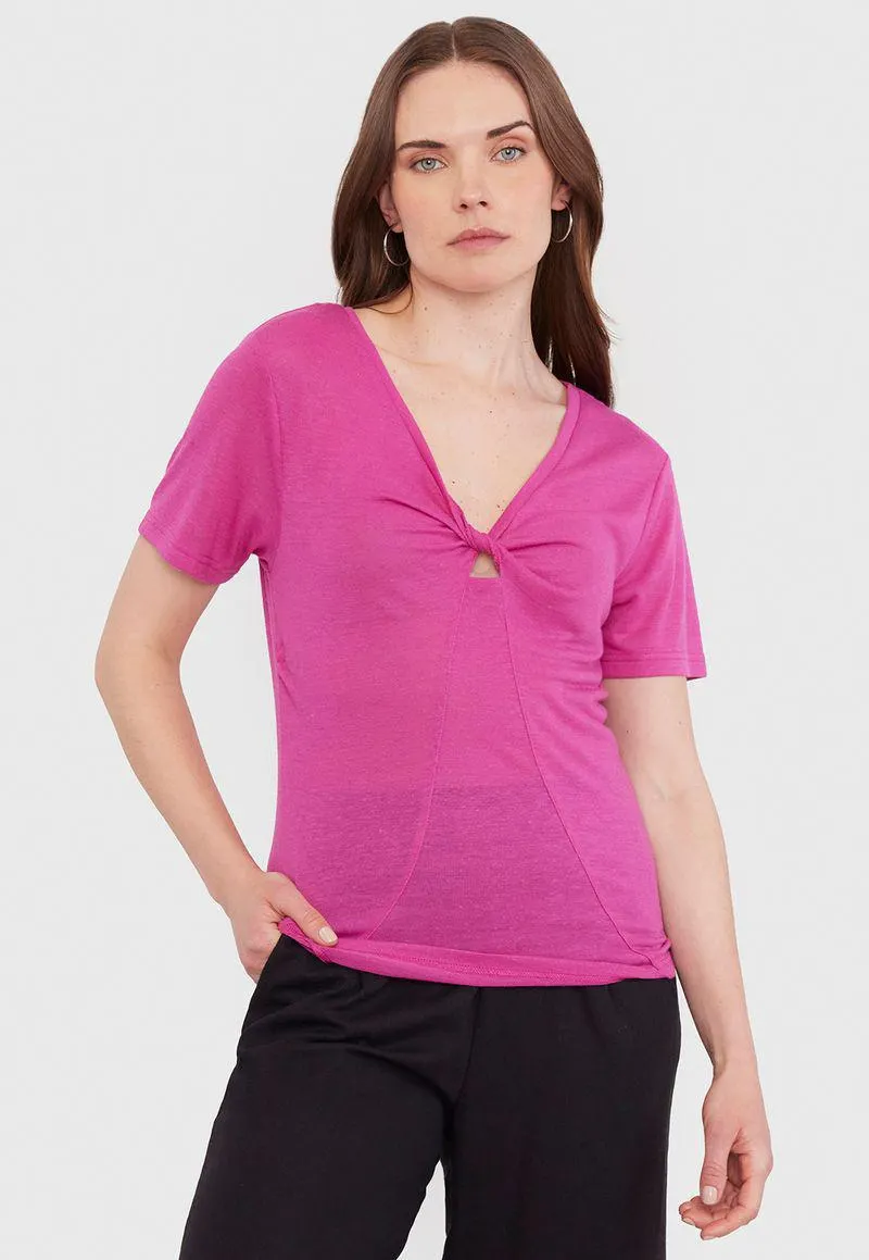 Polera Mujer Lino Nudo Poliéster Reciclado Fucsia