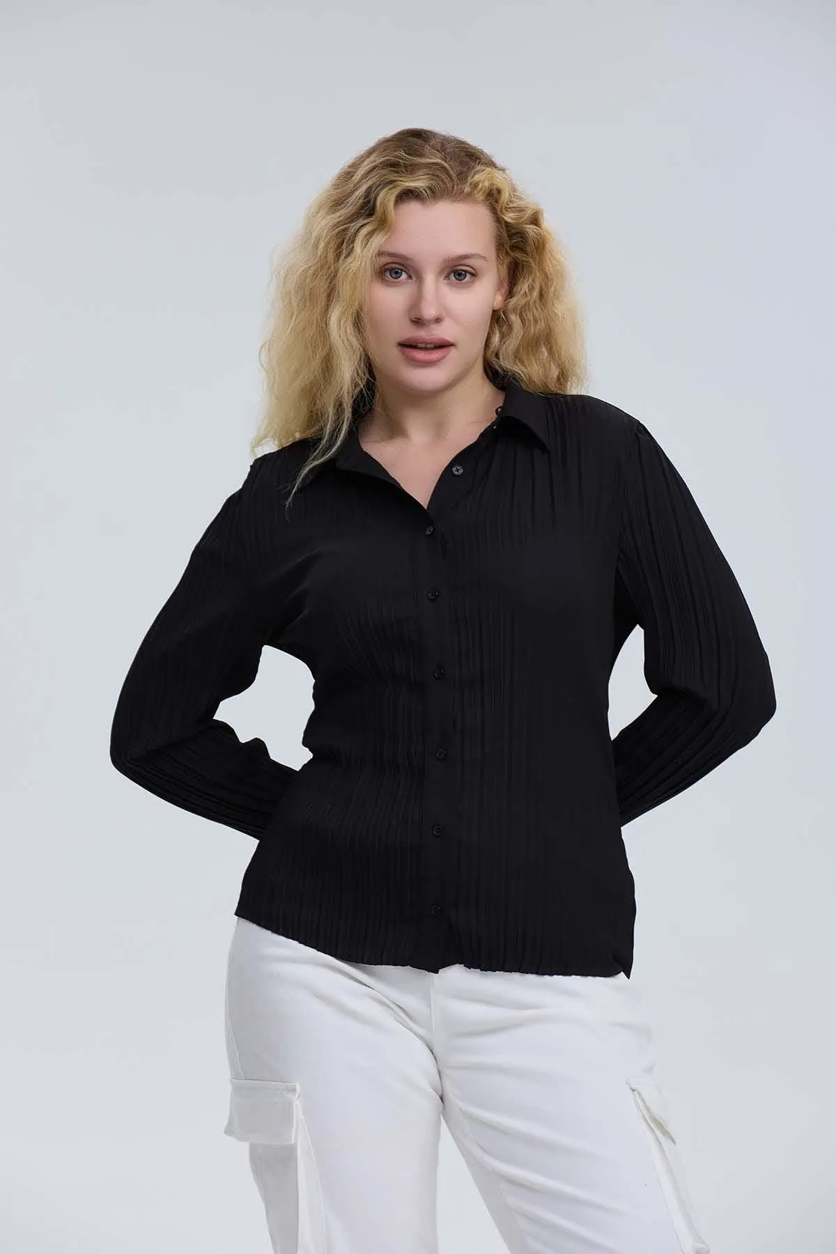 Blusa Mujer Abotónada Textura Negro