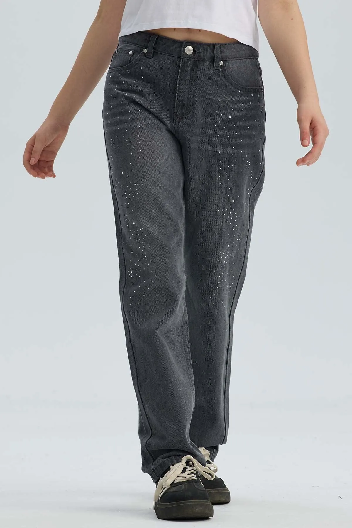 Jeans Niña Mom Con Strass Gris