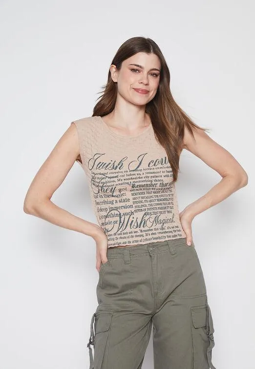 Polera Mujer Beige Letras Family Shop