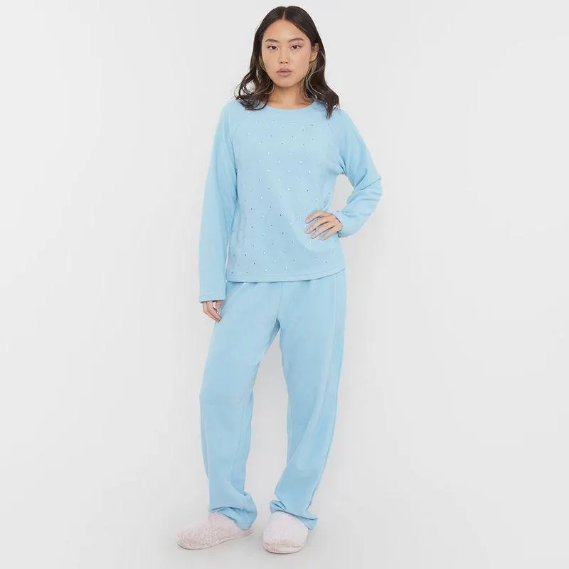 Pijama Polar Aplicación Tachas Celeste