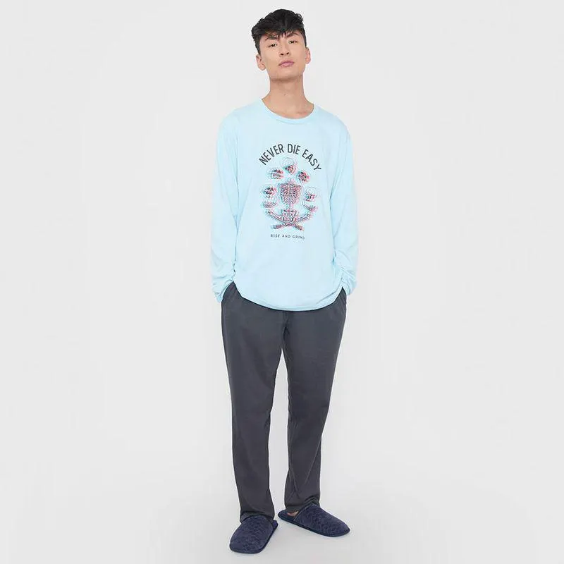 Pijama Hombre Largo Print College Celeste