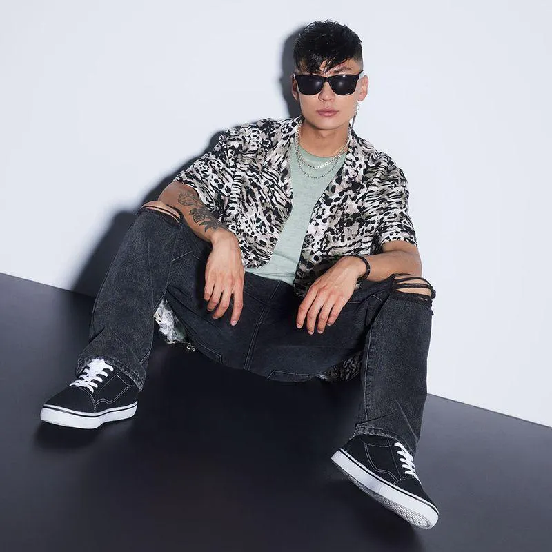 Jeans Hombre Straight Fit Roturas Rockero Negro