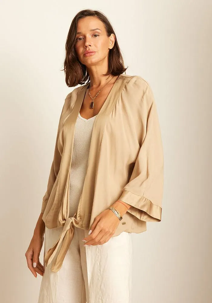 Blusa Crepe Satin con Lazo Delantero XS Beige